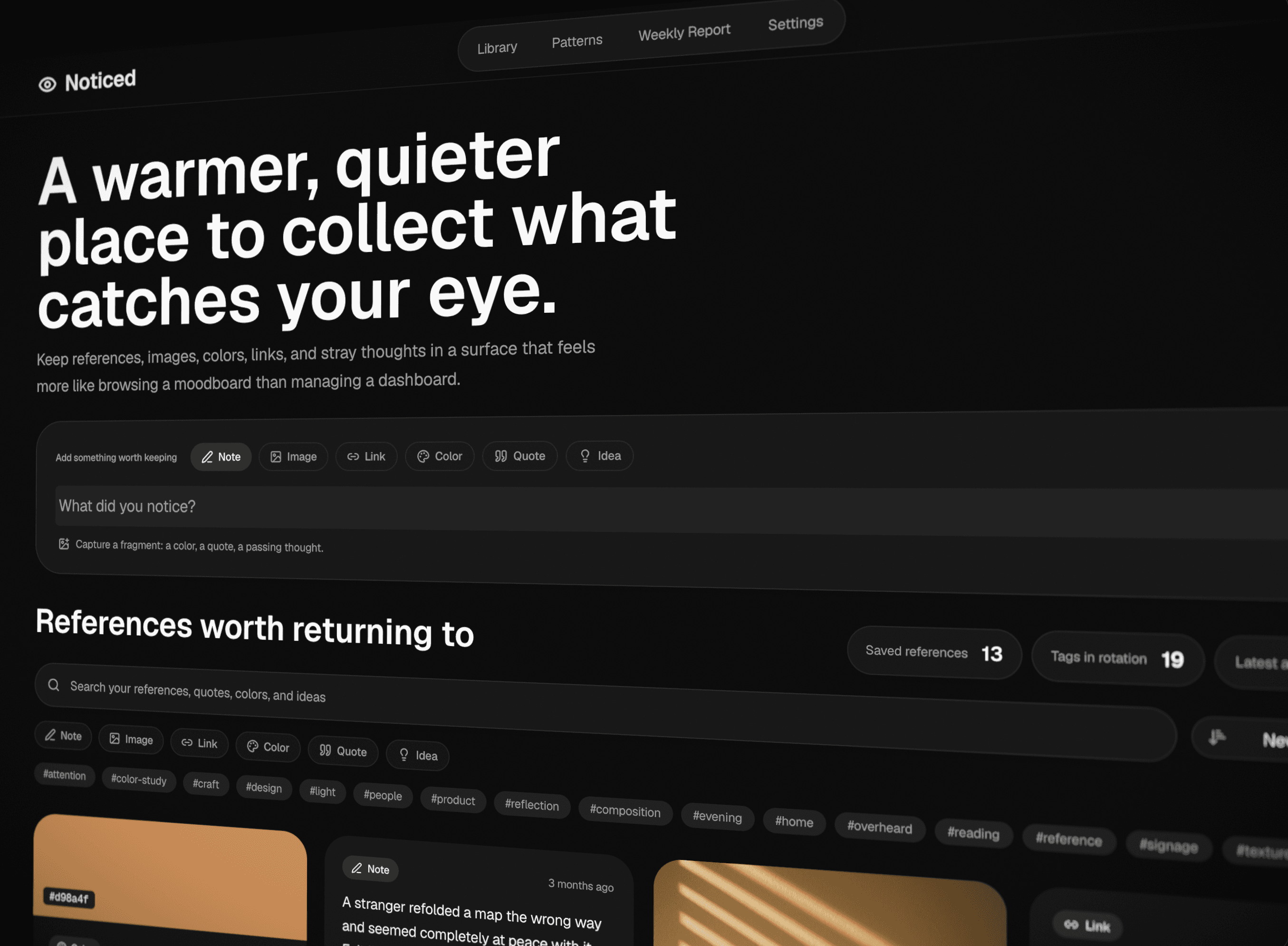 Noticed product interface for collecting references, images, colors, links, and ideas