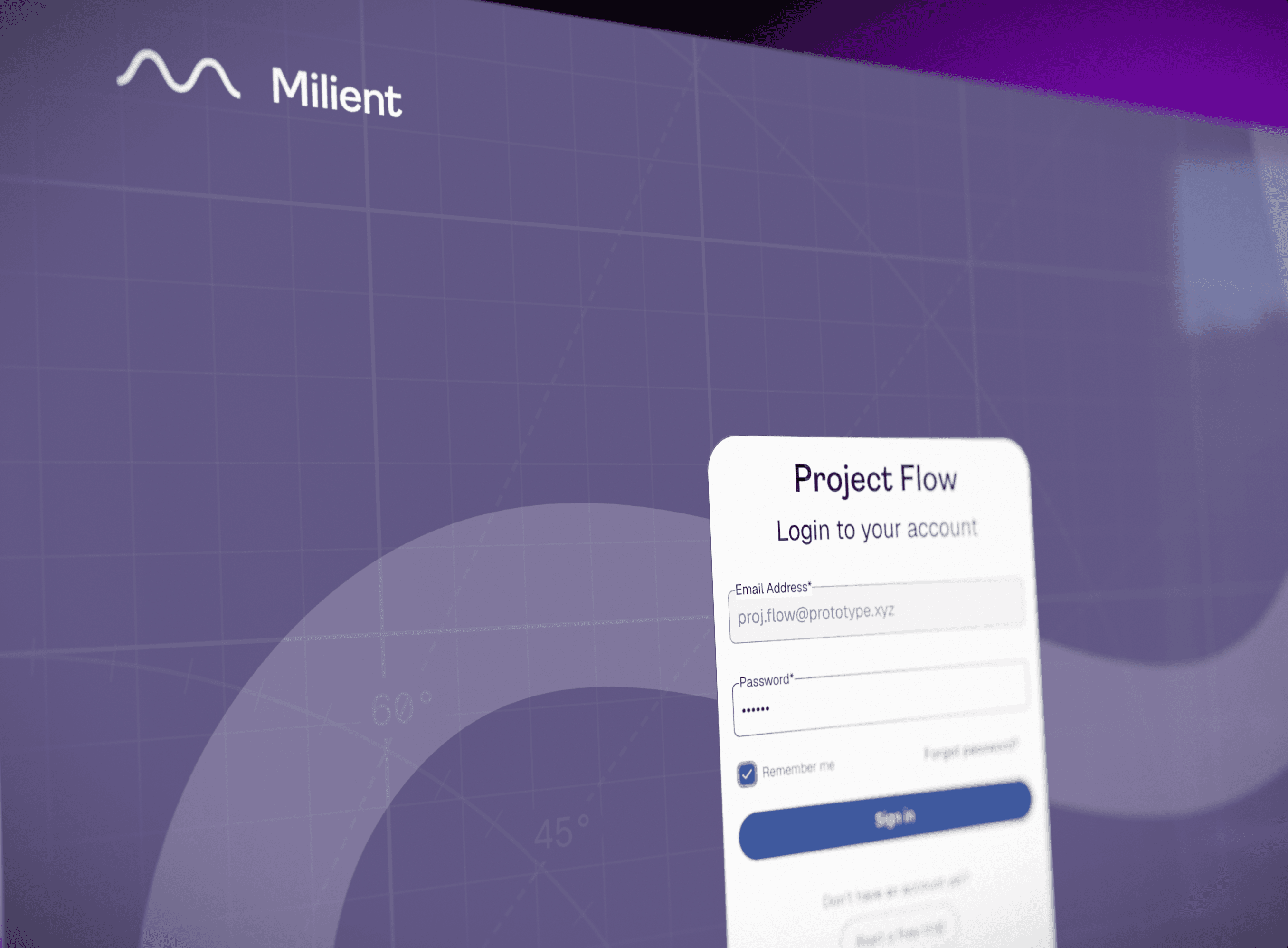 Project Flow login screen displayed on a Milient product interface